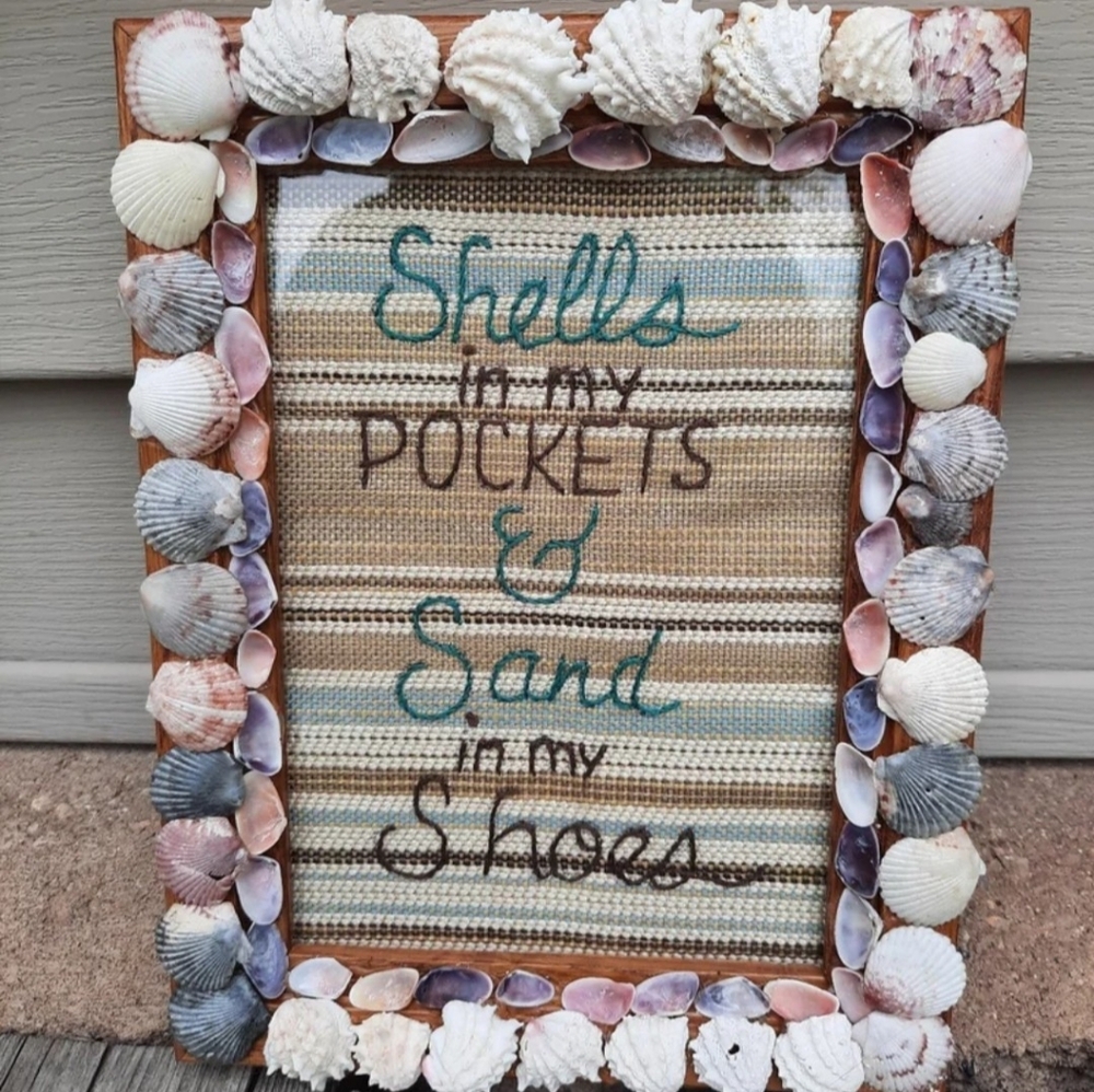 Embroidered beach quote in handcrafted seashell frame original